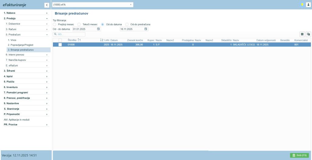 eFA50_predračun brisanje